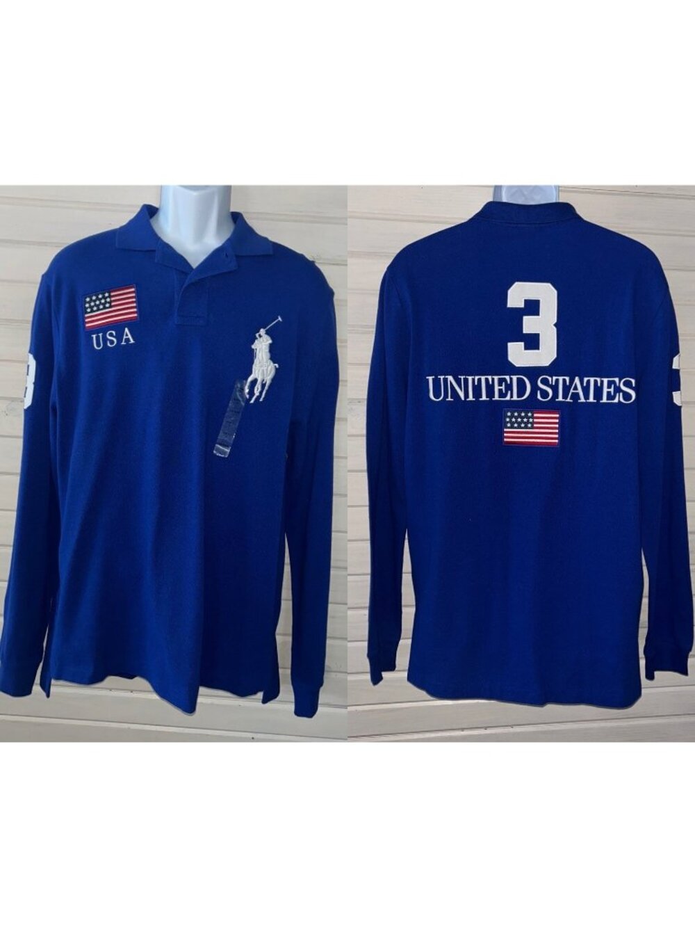 NWT VTG RALPH LAUREN POLO Sz LARGE L/S Rugby Blue Shirt United States Flag Pony
